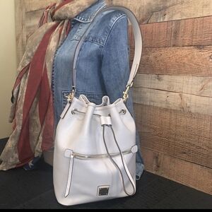 DOONEY & BOURKE Saffiano Leather Drawstring Bucket Bag -Ecru- MSRP $298